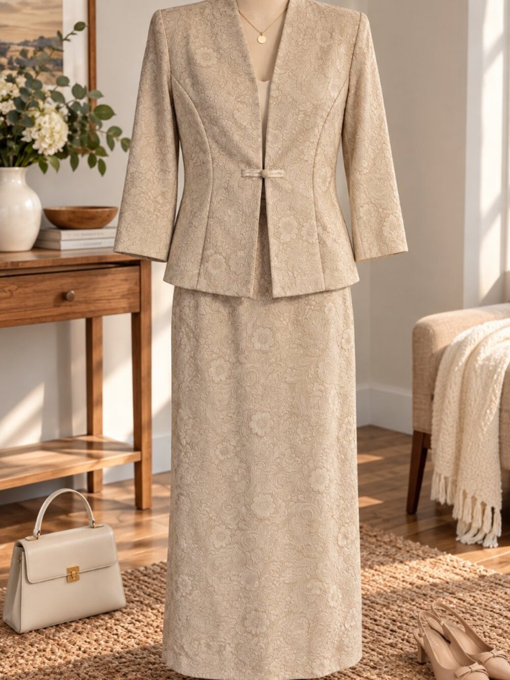 Miss Dorby Women’s 10 Brocade Maxi Dress Jacket Set Champagne Formal Evening